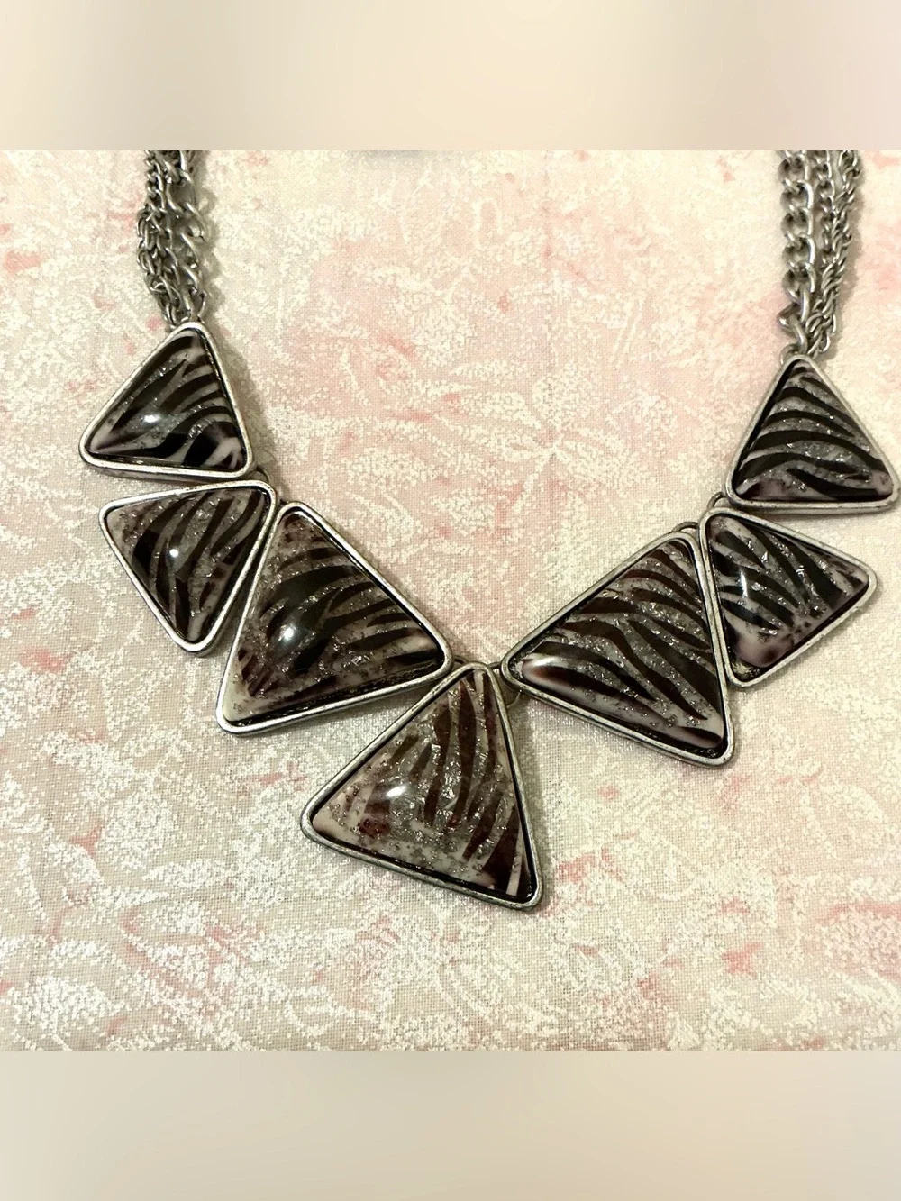 Silver-Tone Zebra Triangle Statement Necklace and Earring Set - Brown/Black